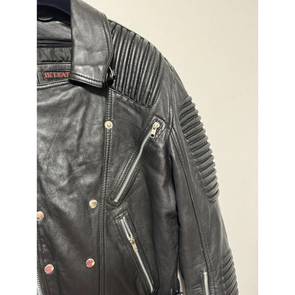 IK Leather Jacket Mens Large Black Biker Moto Asymmetrical Zip Quilted Ribbed - Picture 3 of 16